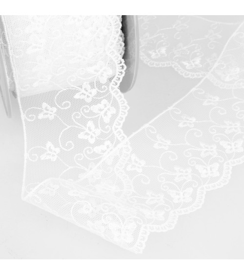 Bobine broderie tulle papillons 14,6m blanc 65mm