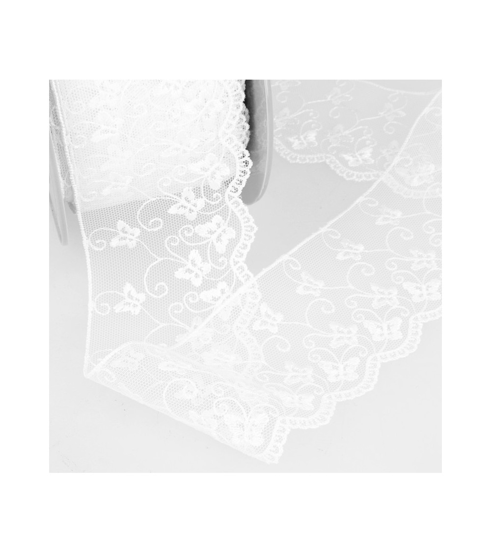 Bobine broderie tulle papillons 14,6m blanc 65mm