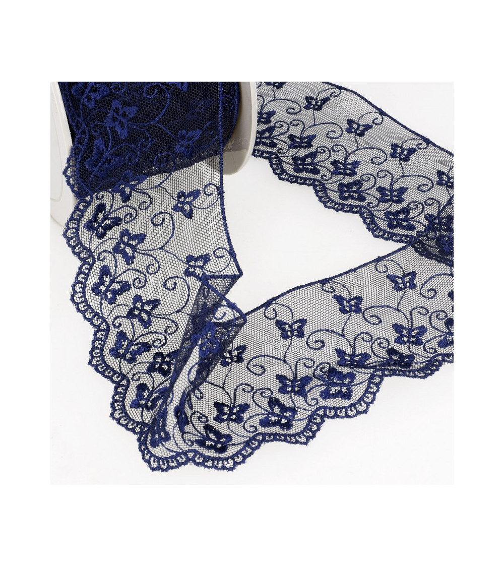 Bobina da ricamo in tulle farfalla 14,6 m blu navy 65 mm