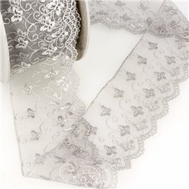 Bobine broderie tulle papillons 14,6m gris clair 65mm