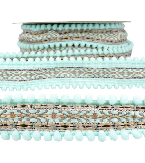 10m spool Jacquard braid with pompoms Nile Green 37mm