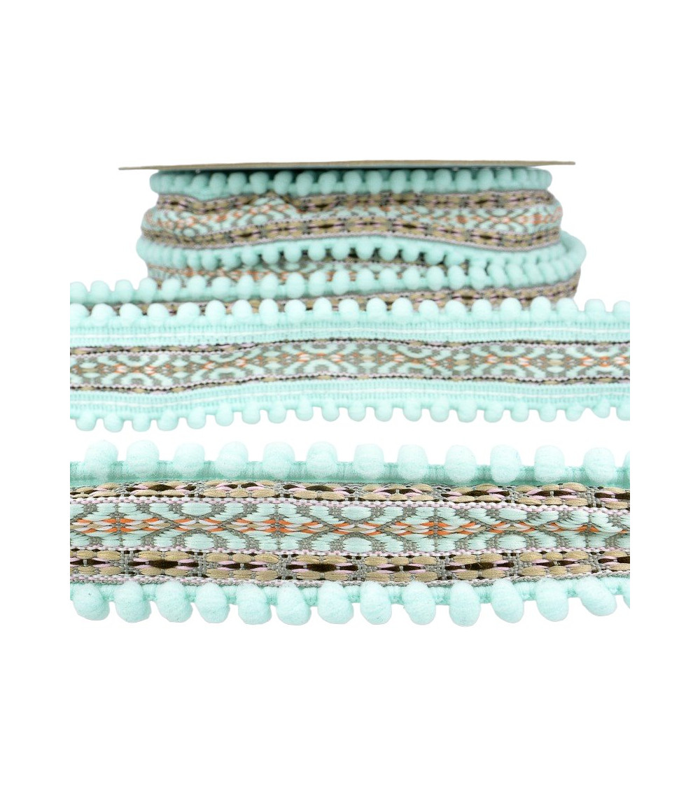 10m spool Jacquard braid with pompoms Nile Green 37mm
