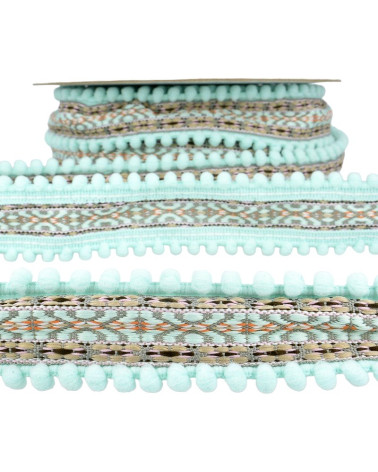 10m spool Jacquard braid with pompoms Nile Green 37mm