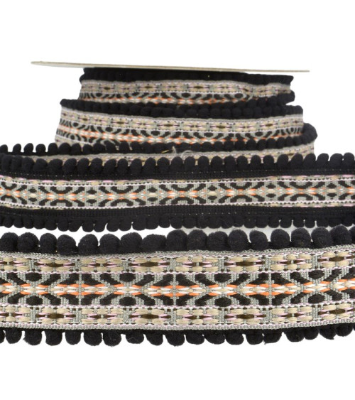 10m spool Jacquard braid with pompoms Black 37mm