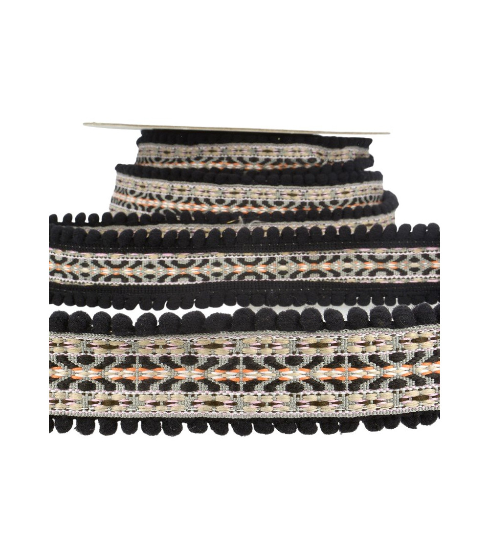 10m spool Jacquard braid with pompoms Black 37mm
