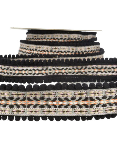 10m spool Jacquard braid with pompoms Black 37mm