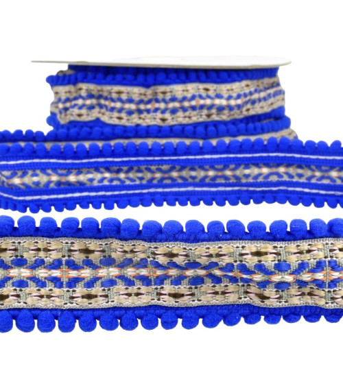 10m spool Jacquard braid with pompoms Royal blue 37mm