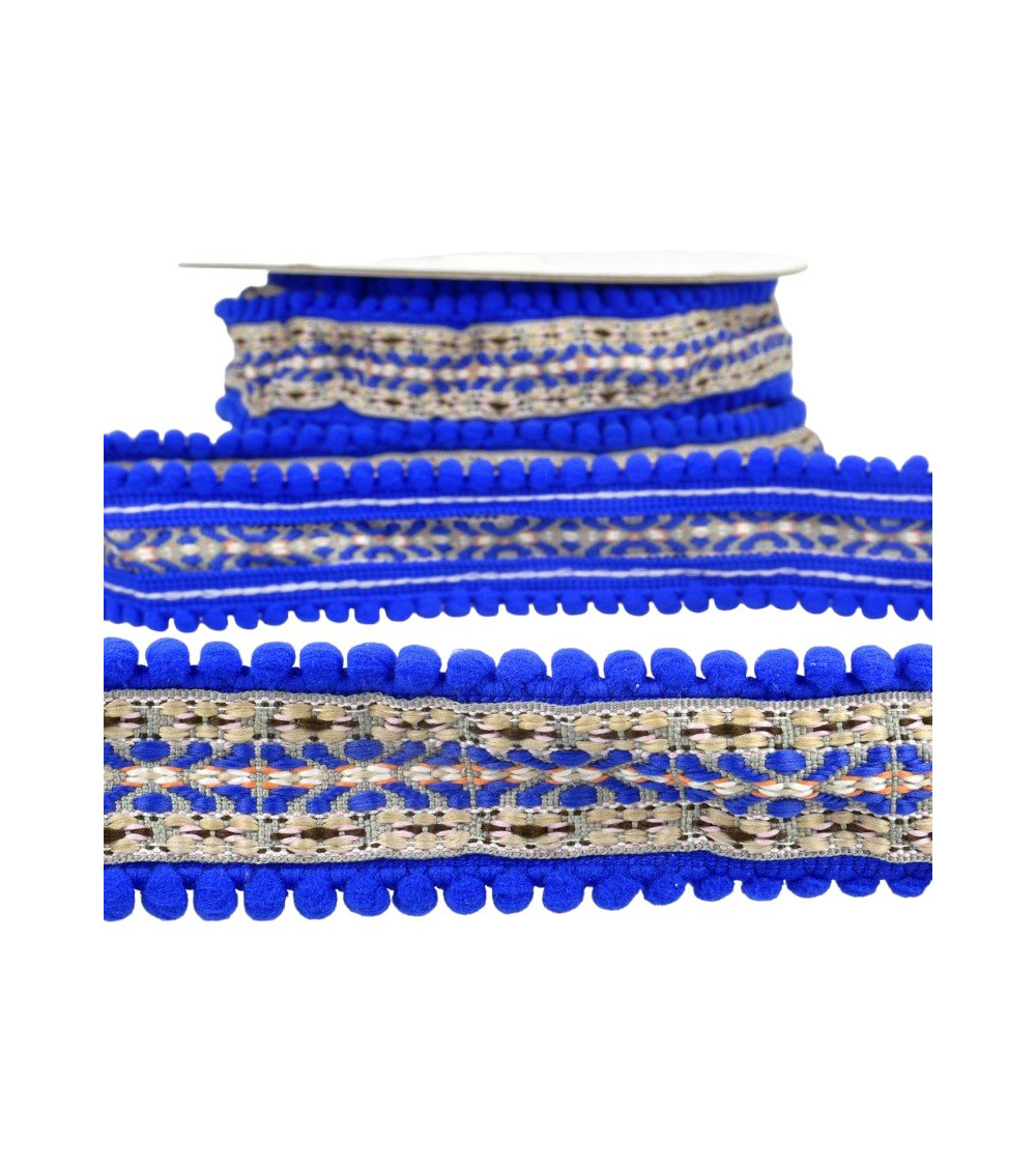 10m spool Jacquard braid with pompoms Royal blue 37mm