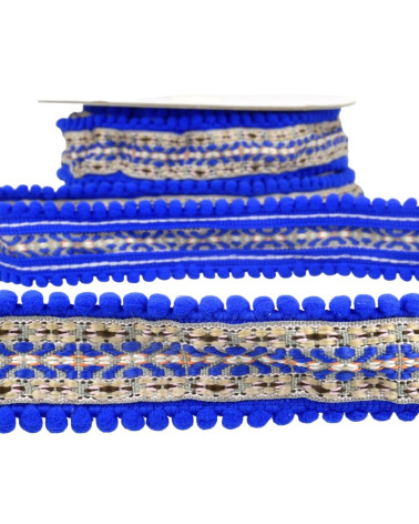 10m spool Jacquard braid with pompoms Royal blue 37mm