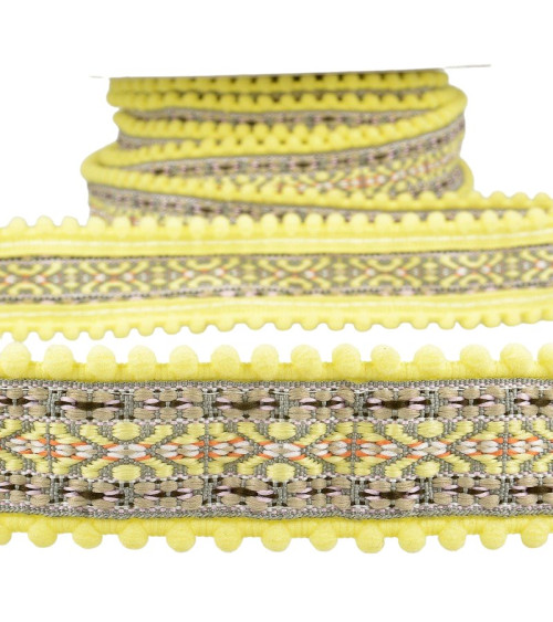 Bobine 10m Galon jacquard pompons Jaune paille 37mm