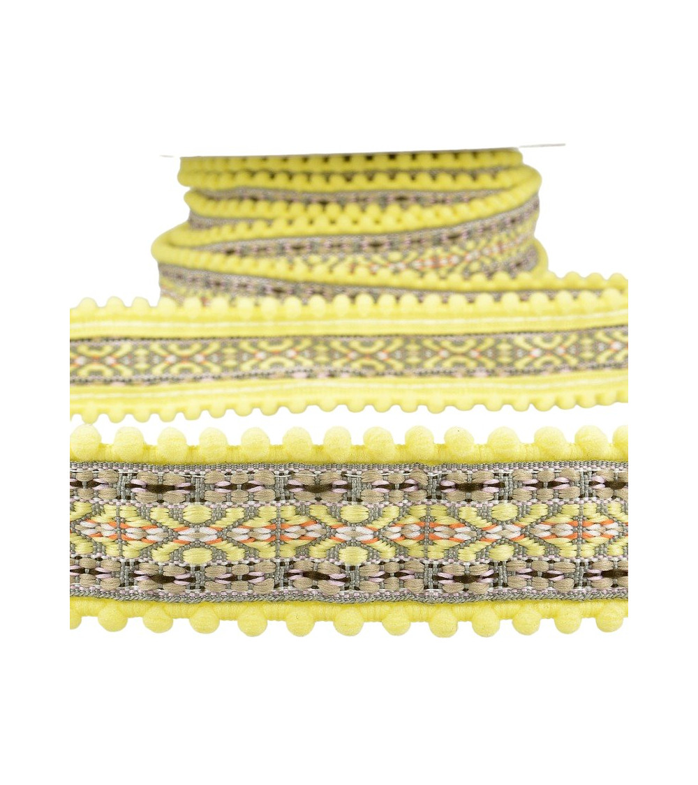 Bobine 10m Galon jacquard pompons Jaune paille 37mm