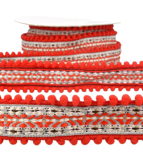 10m spool Jacquard braid with pompoms Red 37mm