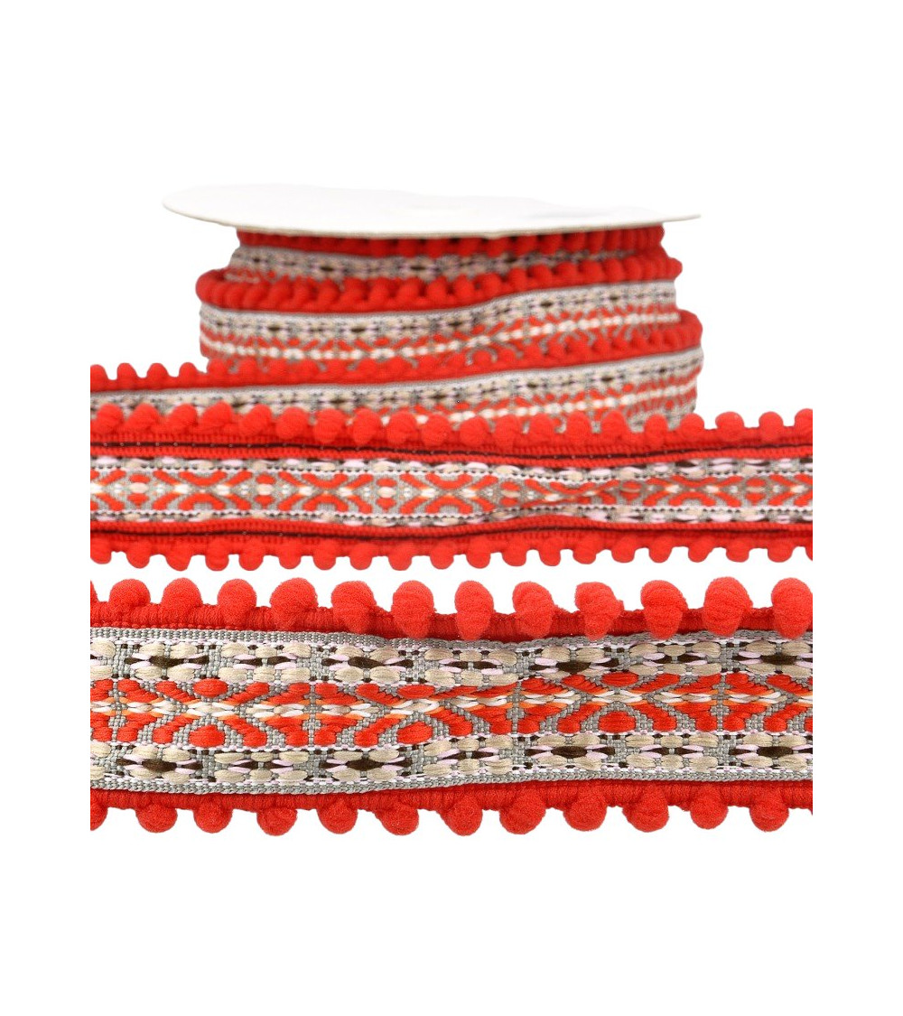 10m spool Jacquard braid with pompoms Red 37mm
