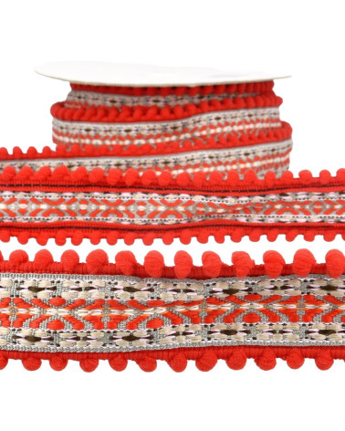 10m spool Jacquard braid with pompoms Red 37mm