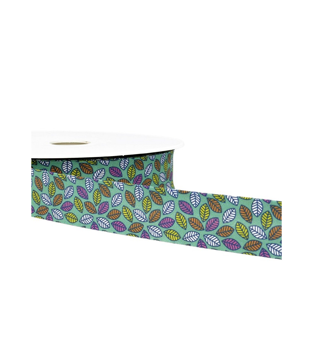 Floppy disk 25m Nile Green leaf print bias binding 27mm