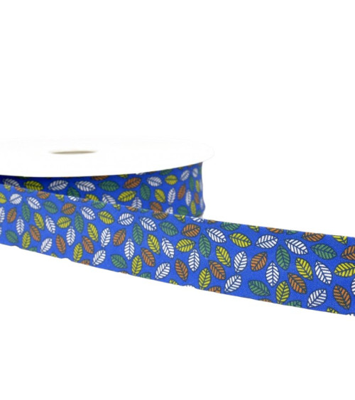 Floppy disk 25m Leaf printed bias binding Royal blue 27mm