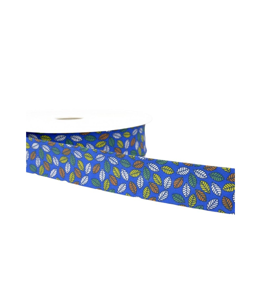 Floppy disk 25m Leaf printed bias binding Royal blue 27mm