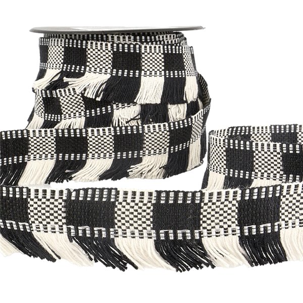 Bobine 15m Galon franges stripes/rayures Noir/blanc 35mm