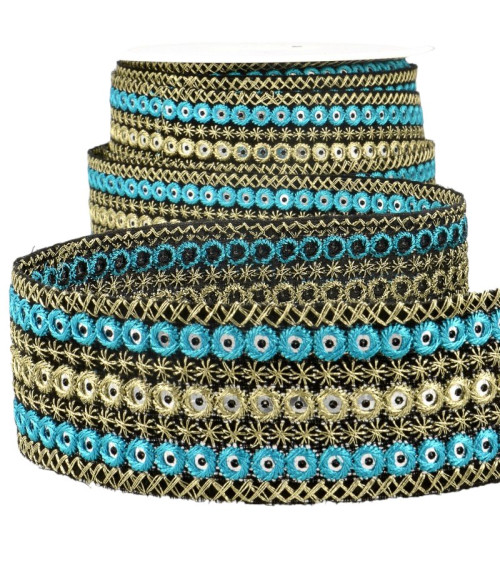 10m spool Turquoise/gold embroidered round braid 38mm