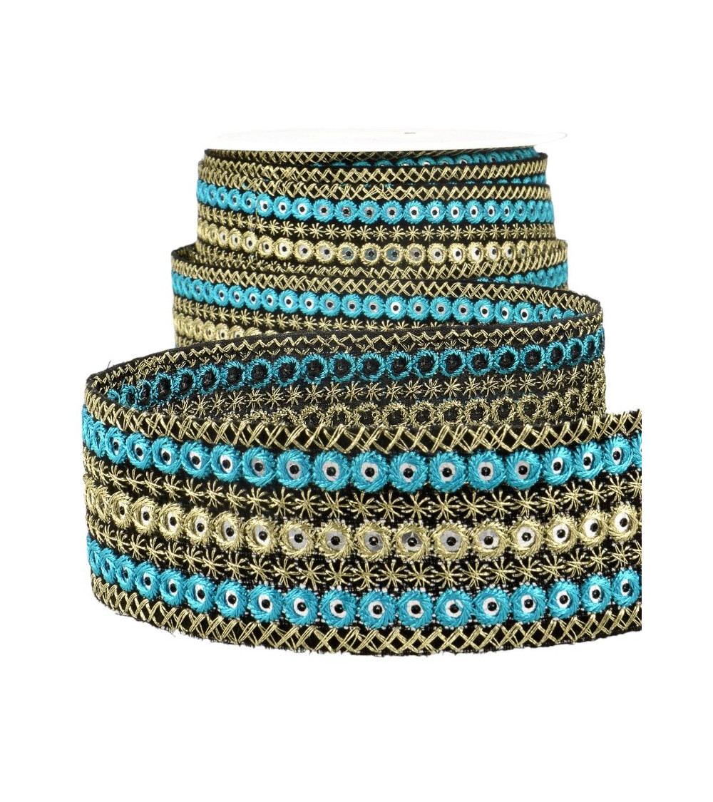 10m spool of embroidered round braid Turquoise/gold 38mm