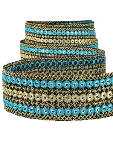 10m spool of embroidered round braid Turquoise/gold 38mm