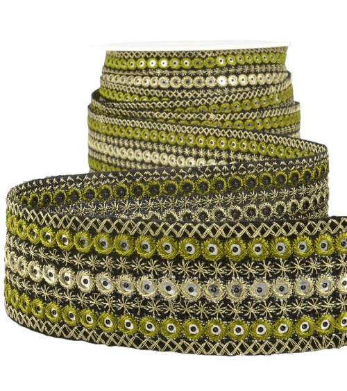 10m spool Embroidered round braid Khaki/gold 38mm
