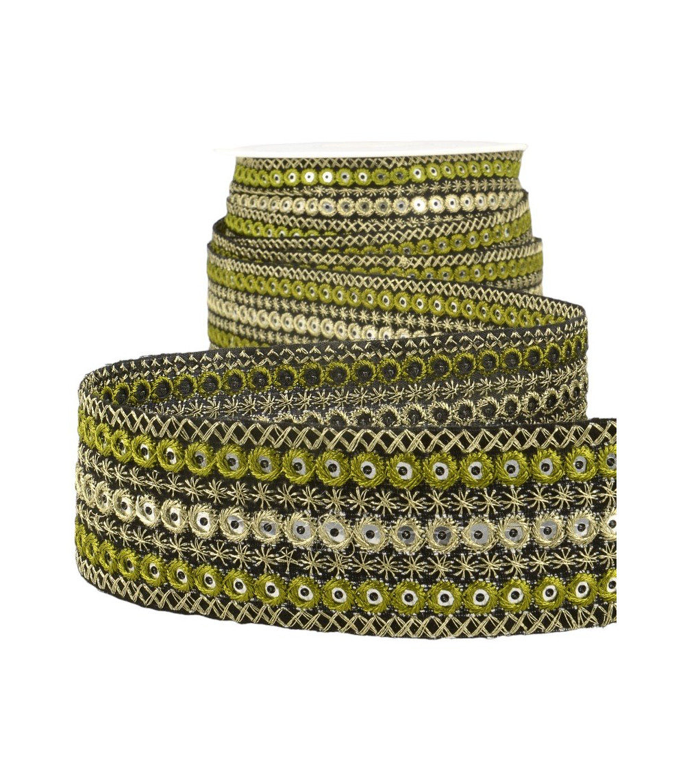 10m spool Embroidered round braid Khaki/gold 38mm