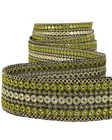 10m spool Embroidered round braid Khaki/gold 38mm