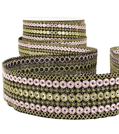 10m spool Round embroidered braid Pink/gold 38mm
