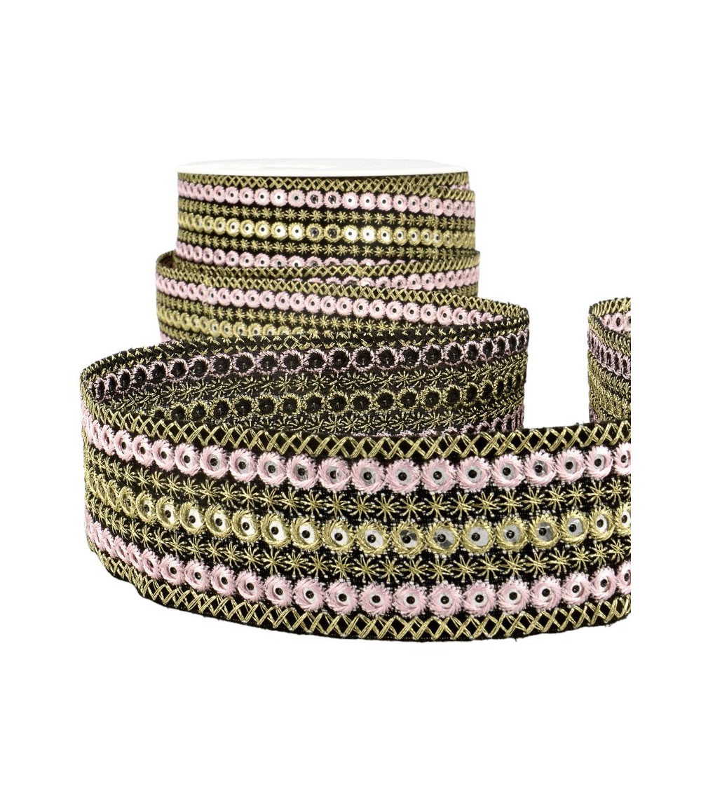 10m spool of embroidered round braid, pink/gold, 38mm