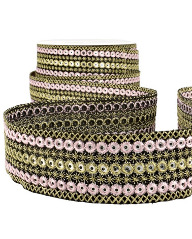 10m spool of embroidered round braid, pink/gold, 38mm