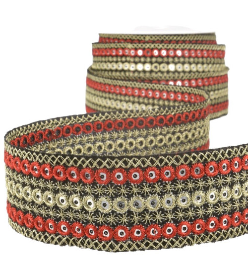 10m spool of embroidered round braid Red/gold 38mm