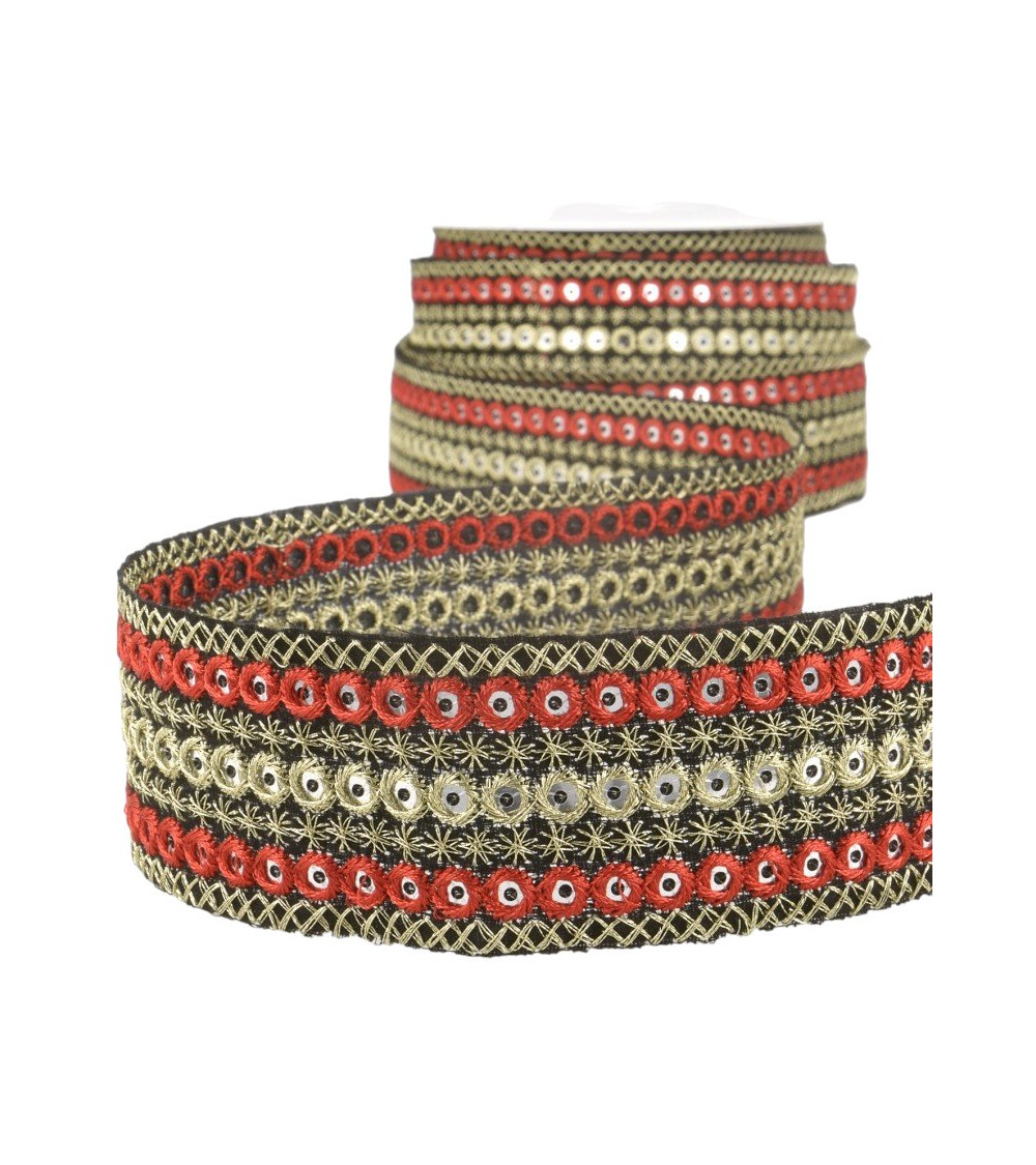 10m spool of embroidered round braid Red/gold 38mm