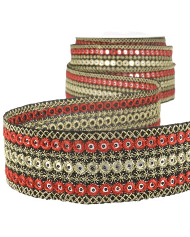 10m spool of embroidered round braid Red/gold 38mm