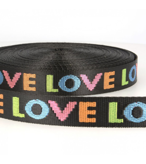 Film 21.5m woven webbing "Love" 25mm Black/multicolor