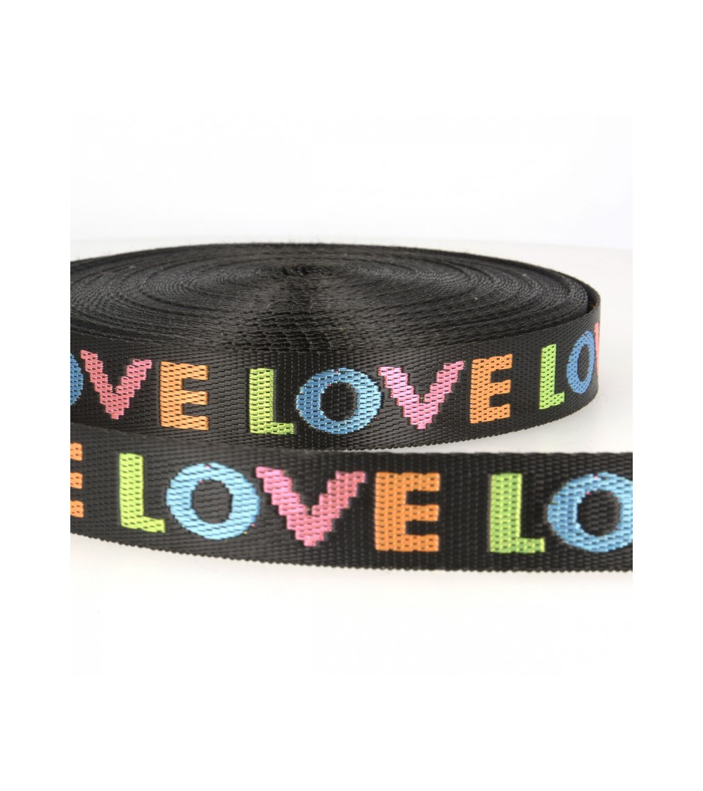 Film 21.5m woven webbing "Love" 25mm Black/multicolor