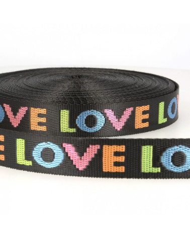Film 21.5m woven webbing "Love" 25mm Black/multicolor