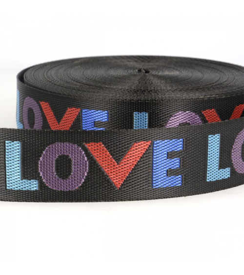 Film 21,5m sangle tissée "Love" 38mm Noir /multicolo