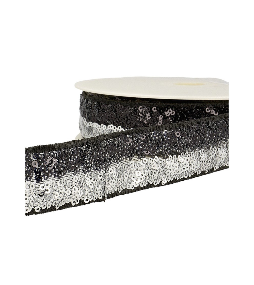 Bobina da 13 m Treccia di paillettes bicolore 32 mm Argento/nero