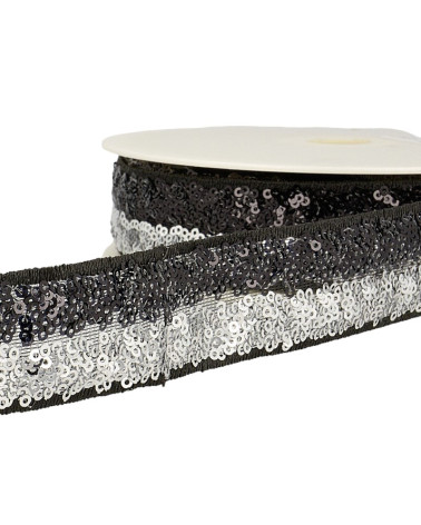 Bobina da 13 m Treccia di paillettes bicolore 32 mm Argento/nero