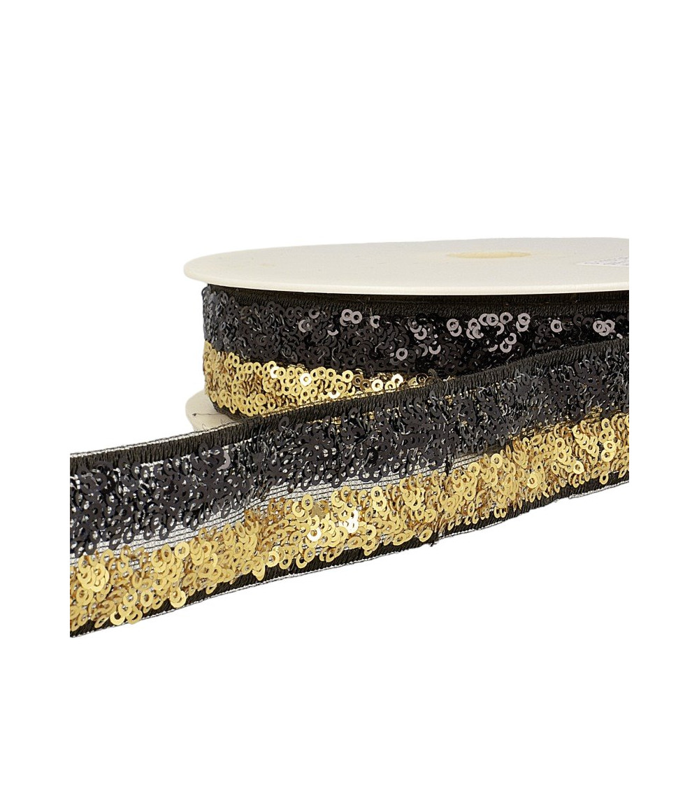 13-m-Spule. Zweifarbiges Paillettengeflecht, 32 mm, Gold/Schwarz