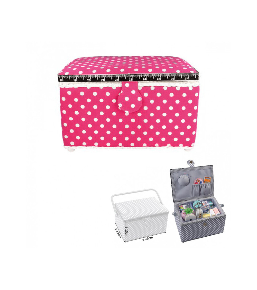 Rectangular sewing box 29x21x20cm fuchsia with polka dots