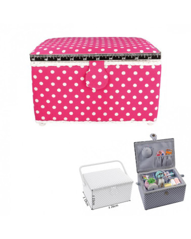 Rectangular sewing box 29x21x20cm fuchsia with polka dots