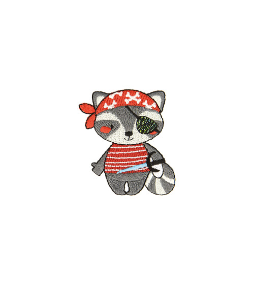 Pirate raccoon animal iron-on patch 2.3cm x 4.2cm