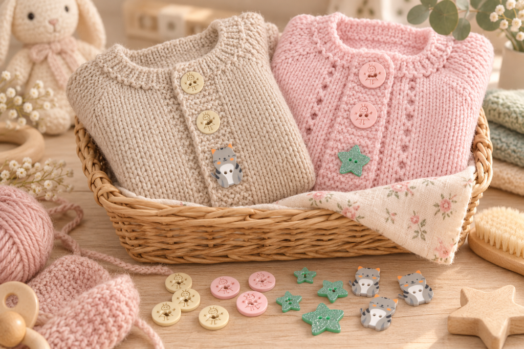 Deux gilets bébé beige et rose personnalisés avec boutons fille, chat et étoile vert d’eau