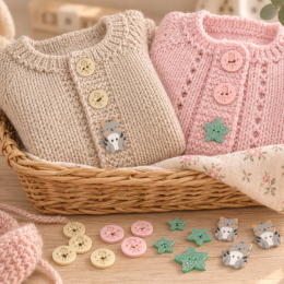 Deux gilets bébé beige et rose personnalisés avec boutons fille, chat et étoile vert d’eau