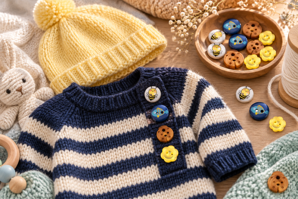 Marinière bébé bleu marine avec boutons abeille, poisson, coccinelle et fleur jaune