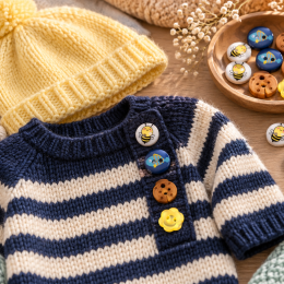 Marinière bébé bleu marine avec boutons abeille, poisson, coccinelle et fleur jaune