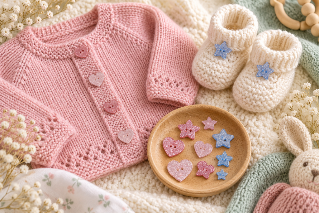 Cardigan rose bébé avec boutons cœur pailletés et chaussons ornés d’étoiles bleues