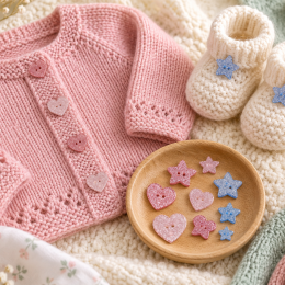Cardigan rose bébé avec boutons cœur pailletés et chaussons ornés d’étoiles bleues